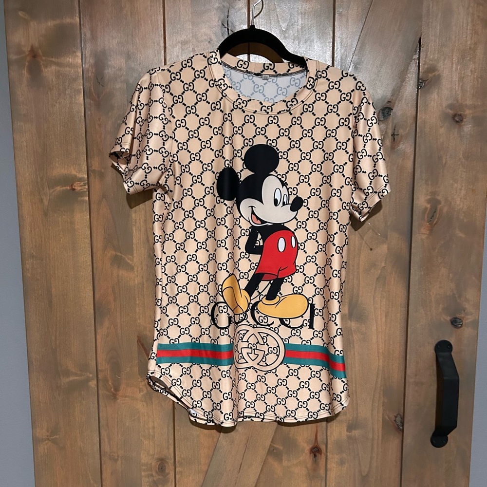 New Balance Beige Graphic Tee with Red, Black and Yellow Mickey Print